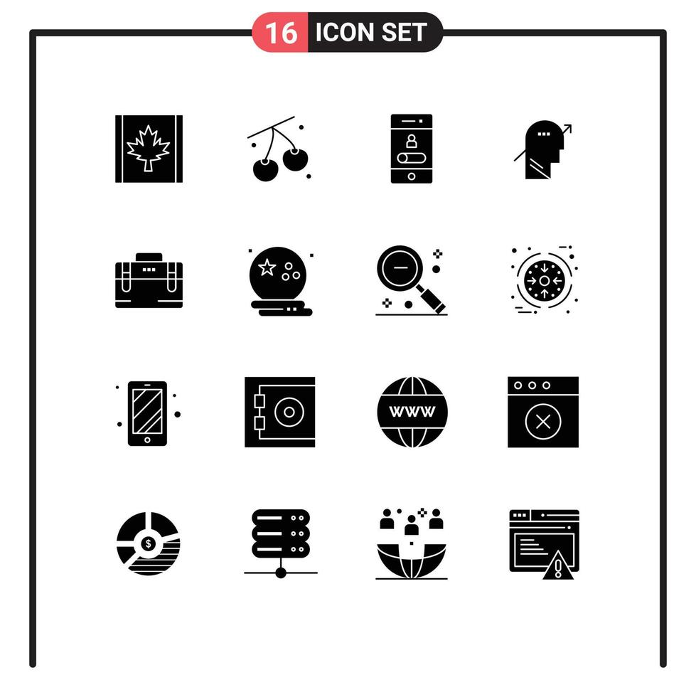 Group of 16 Modern Solid Glyphs Set for bag knowledge mobile human arrow Editable Vector Design Elements