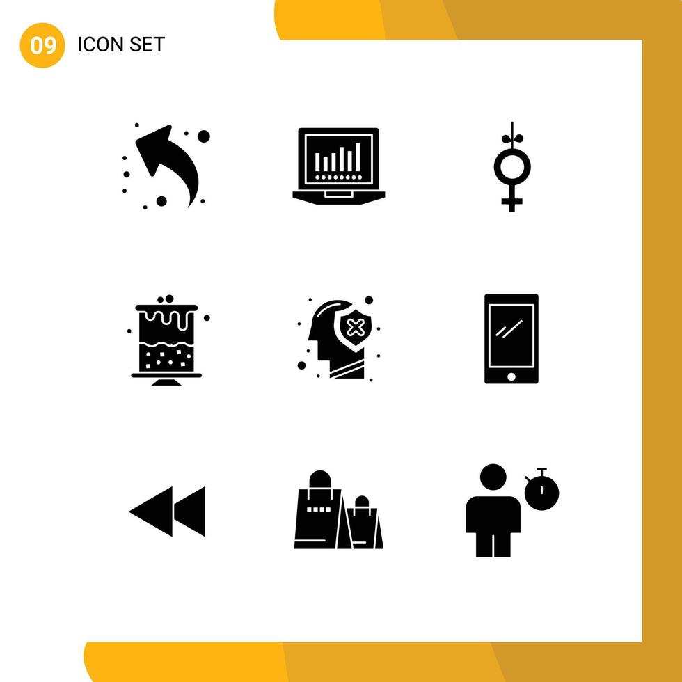 Group of 9 Modern Solid Glyphs Set for mind human symbol head part Editable Vector Design Elements