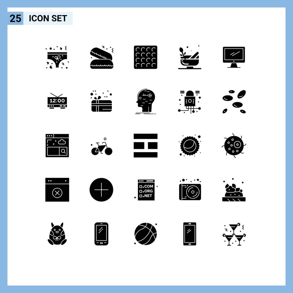 Mobile Interface Solid Glyph Set of 25 Pictograms of imac monitor wafer computer bowl Editable Vector Design Elements