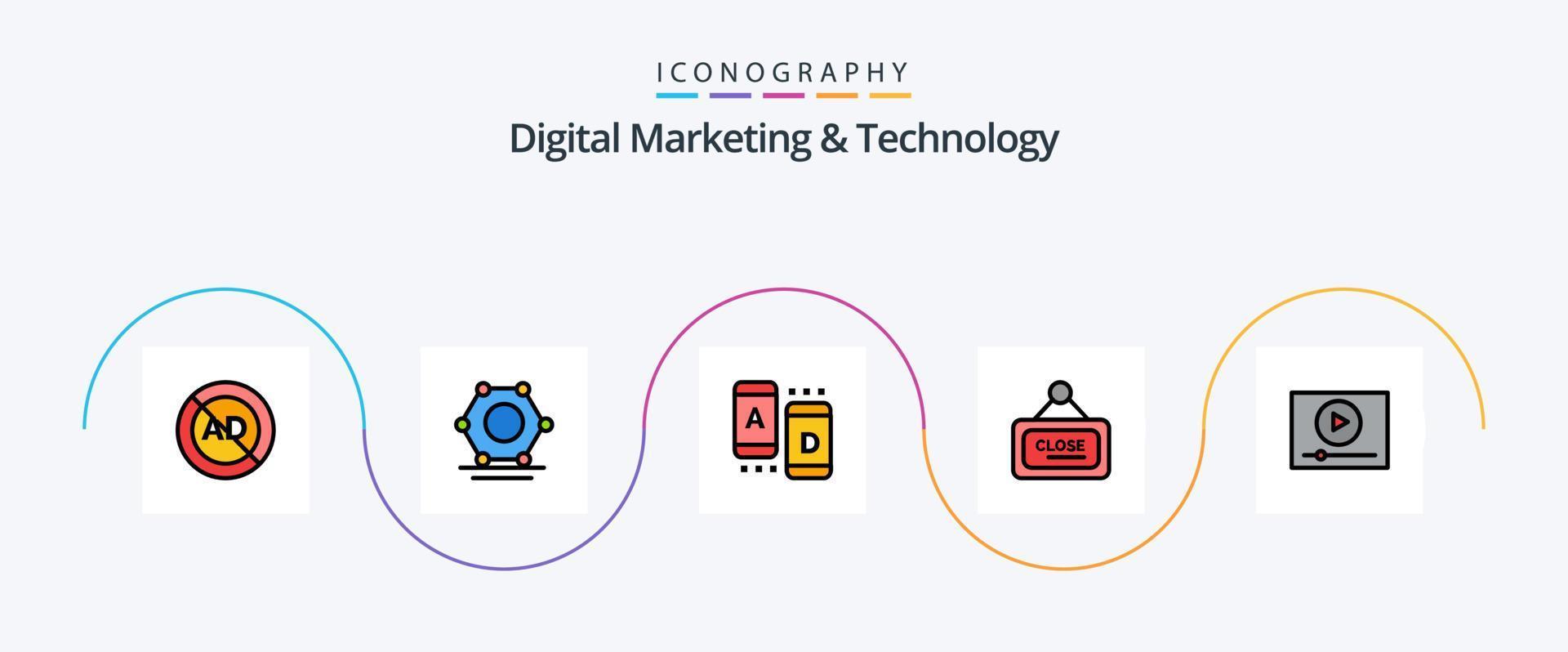 Digital Marketing And Technology Line Filled Flat 5 Icon Pack Including play. close. ad. sign. marketing vector