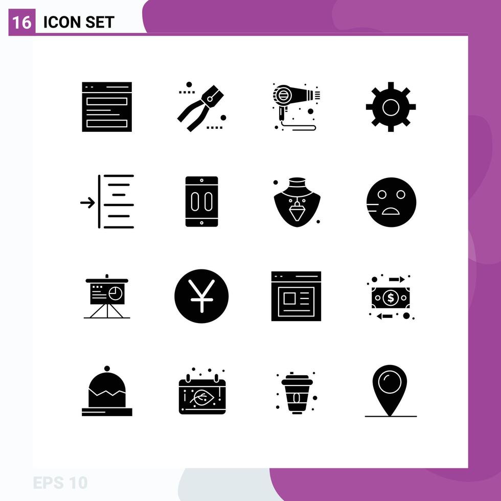 User Interface Pack of 16 Basic Solid Glyphs of left setting tool multimedia machine Editable Vector Design Elements