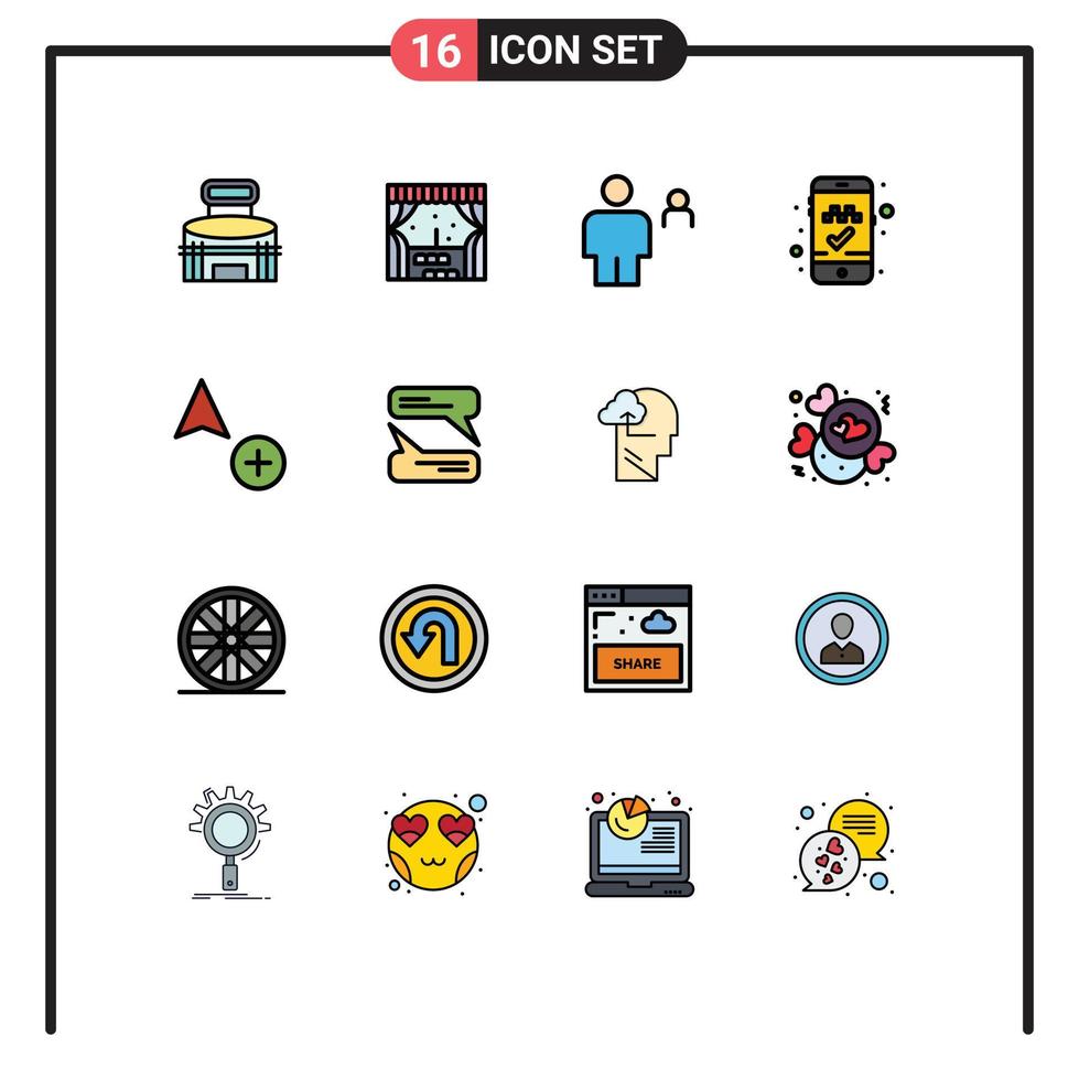 dieciséis universal plano color lleno línea señales símbolos de Copiar móvil aplicación avatar en línea taxi reserva persona editable creativo vector diseño elementos