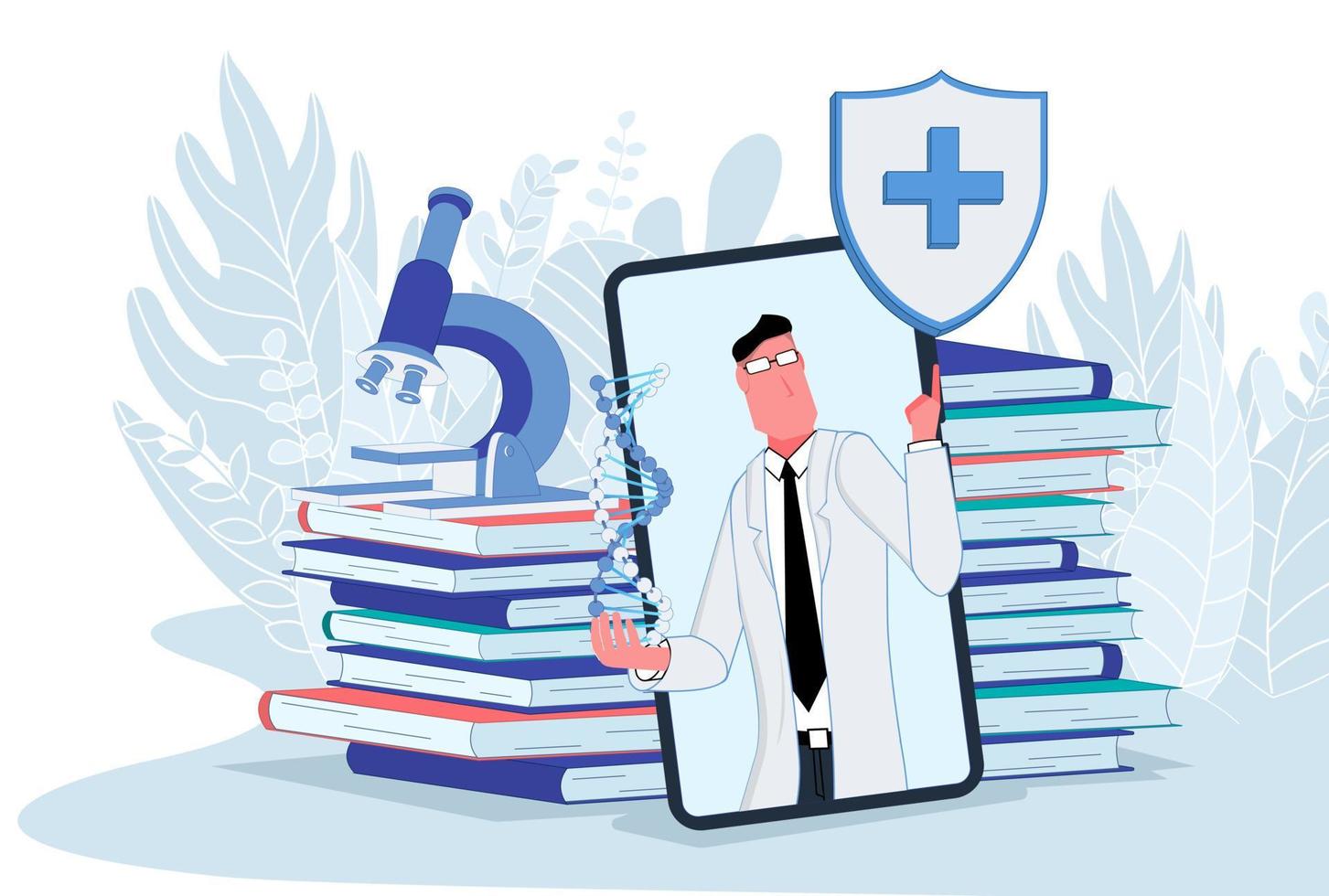 Smartphone scientist talks about medicine and genetics, with stacks of books and a microscope in the back vector