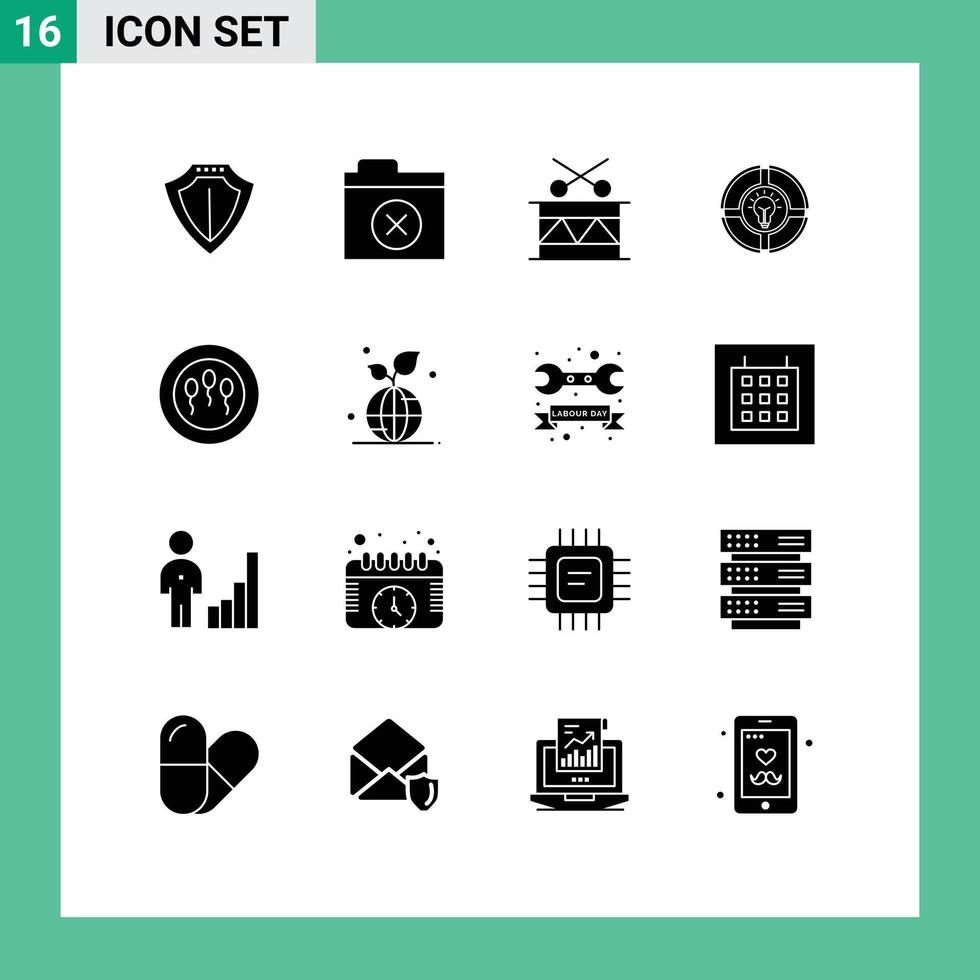 Modern Set of 16 Solid Glyphs and symbols such as medical idea drum light pie Editable Vector Design Elements