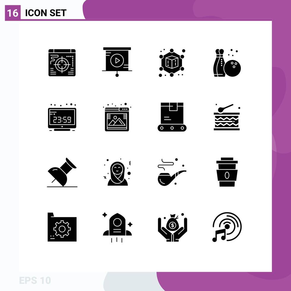 Set of 16 Modern UI Icons Symbols Signs for photo display bowling computer time computer Editable Vector Design Elements