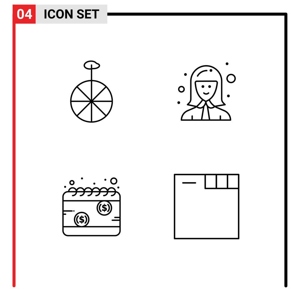 Pack of 4 creative Filledline Flat Colors of wheel money avatar lady schedule Editable Vector Design Elements