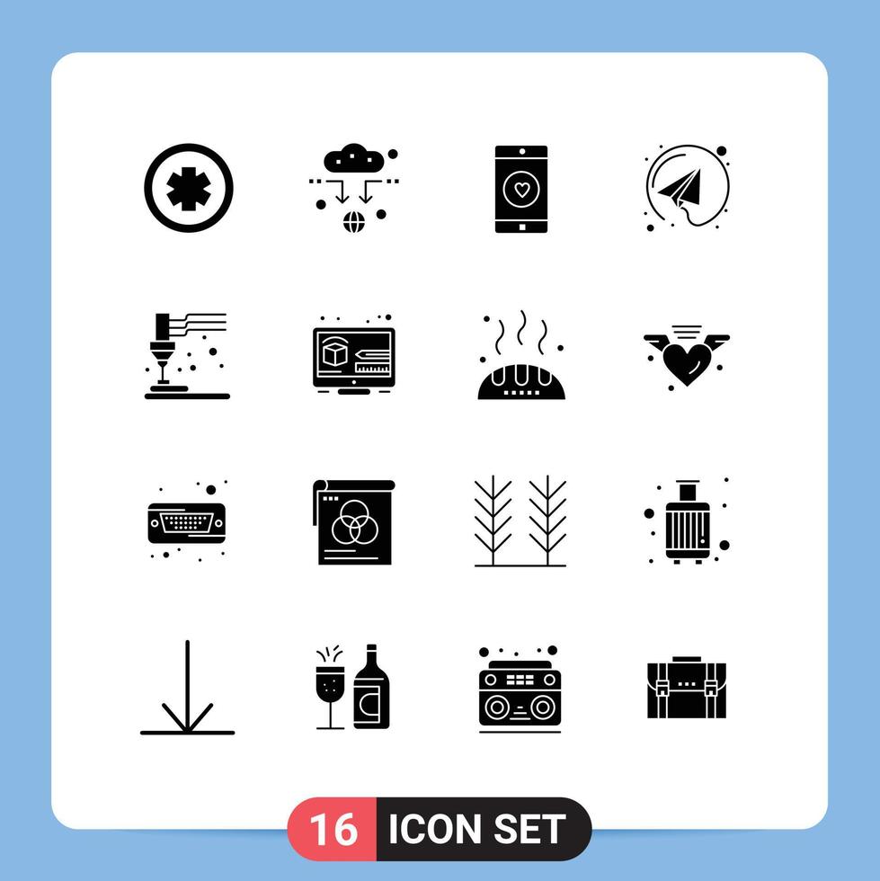 Group of 16 Solid Glyphs Signs and Symbols for equipment send application paper plane heart Editable Vector Design Elements