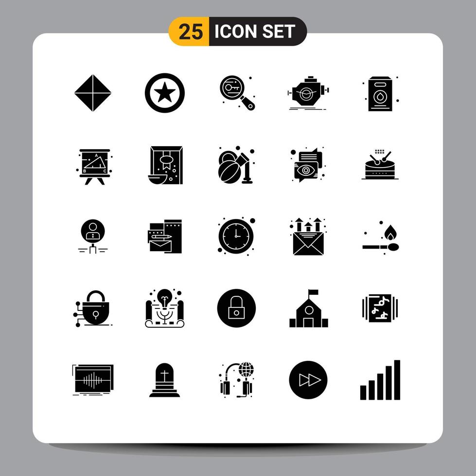 Group of 25 Modern Solid Glyphs Set for pack performance research motor industry Editable Vector Design Elements