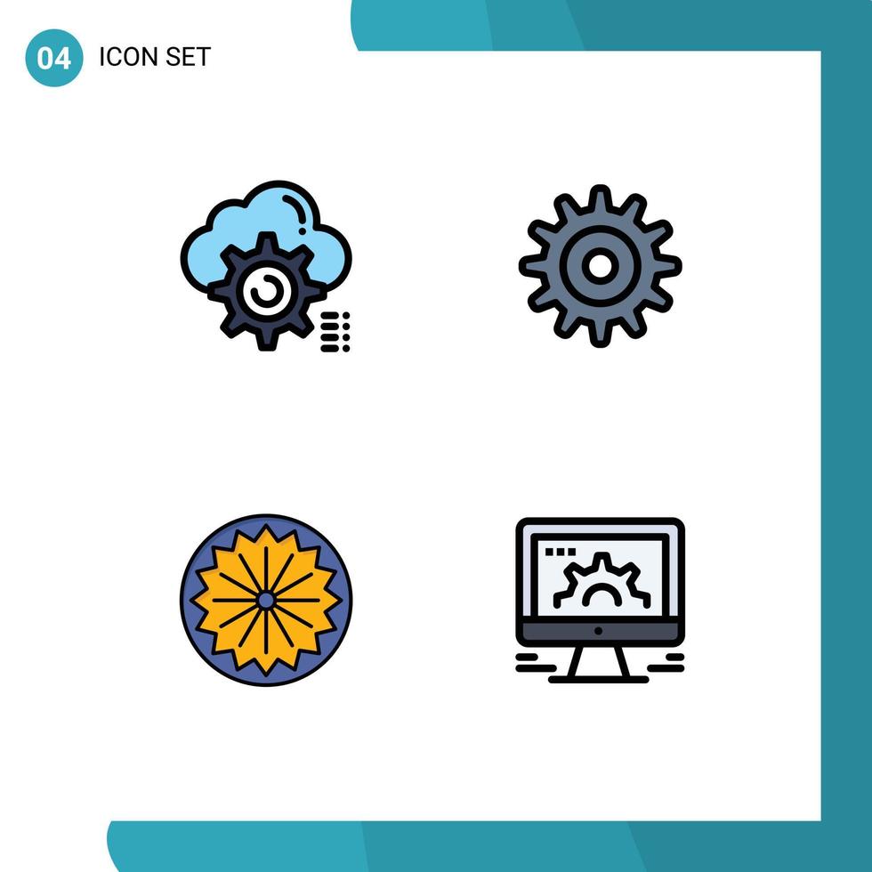 Mobile Interface Filledline Flat Color Set of 4 Pictograms of gear flag computing setting day Editable Vector Design Elements