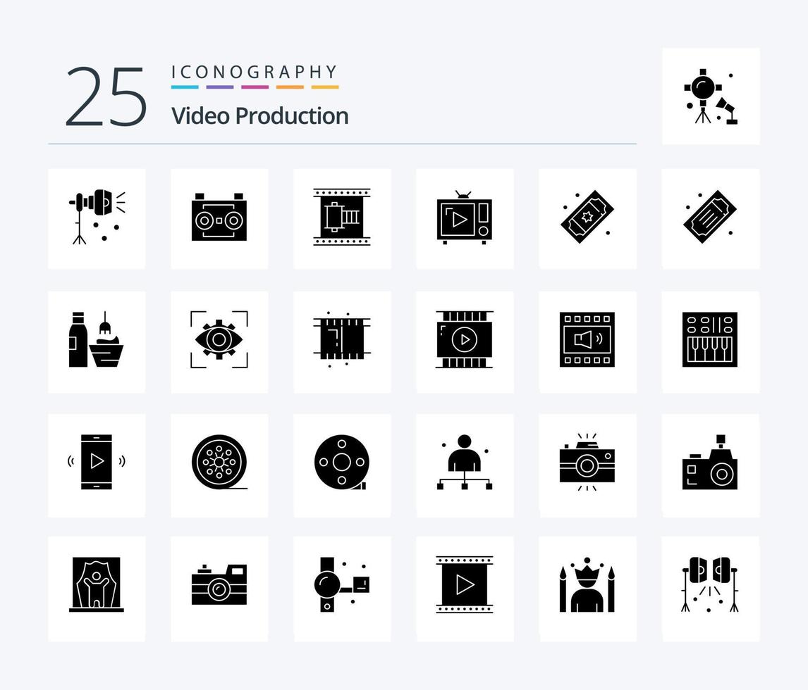 Video Production 25 Solid Glyph icon pack including tv. antenna tv. digital recording. movie strip. filmstrip vector