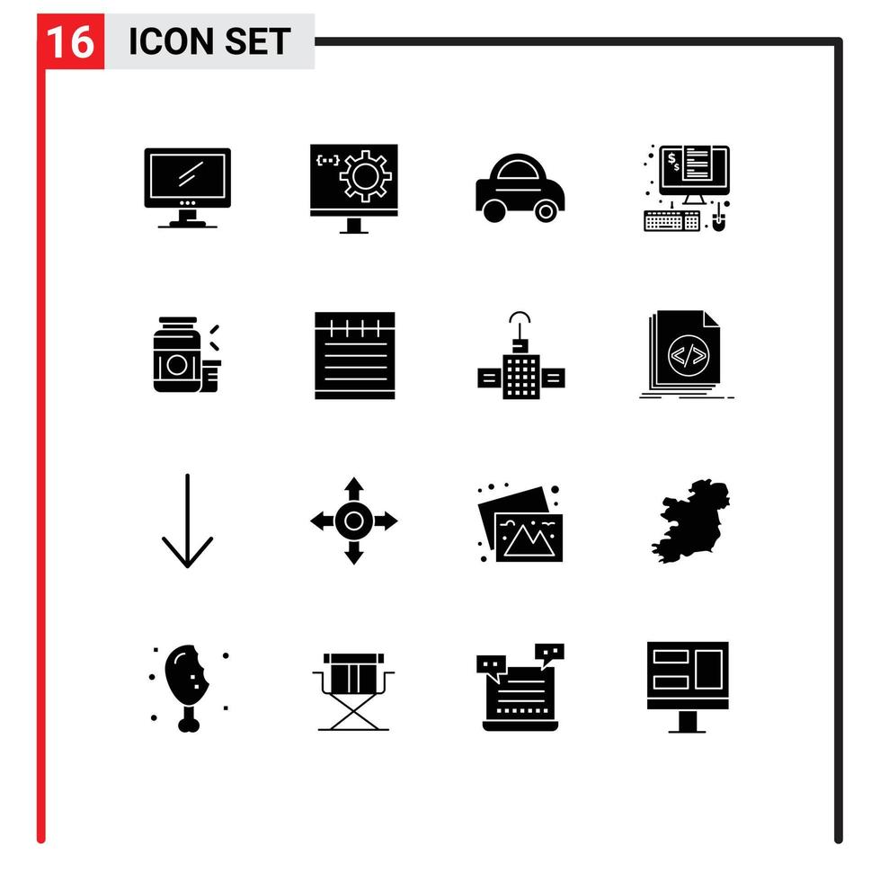 Modern Set of 16 Solid Glyphs and symbols such as taxes management development invoice van Editable Vector Design Elements