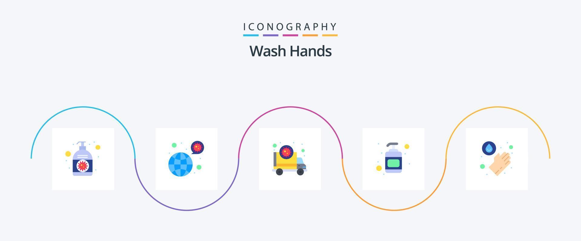 lavar manos plano 5 5 icono paquete incluso desinfectante loción. COVID-19. virus. pandemia vector