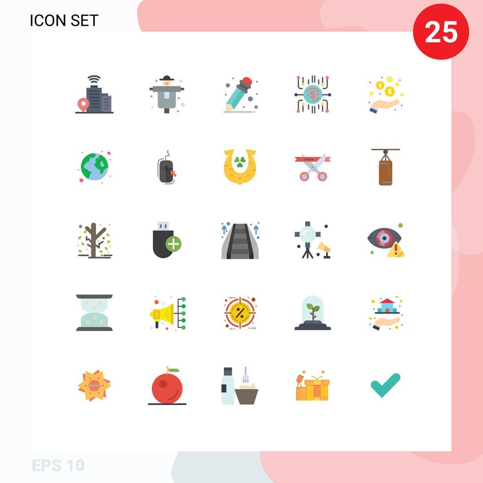 Group of 25 Modern Flat Colors Set for coins income school supplies hand crowdselling Editable Vector Design Elements