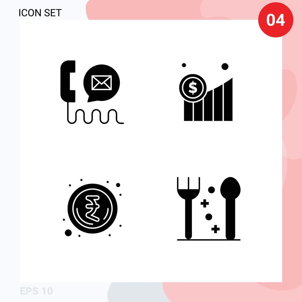 Mobile Interface Solid Glyph Set of 4 Pictograms of communication indian help dollar rupee Editable Vector Design Elements