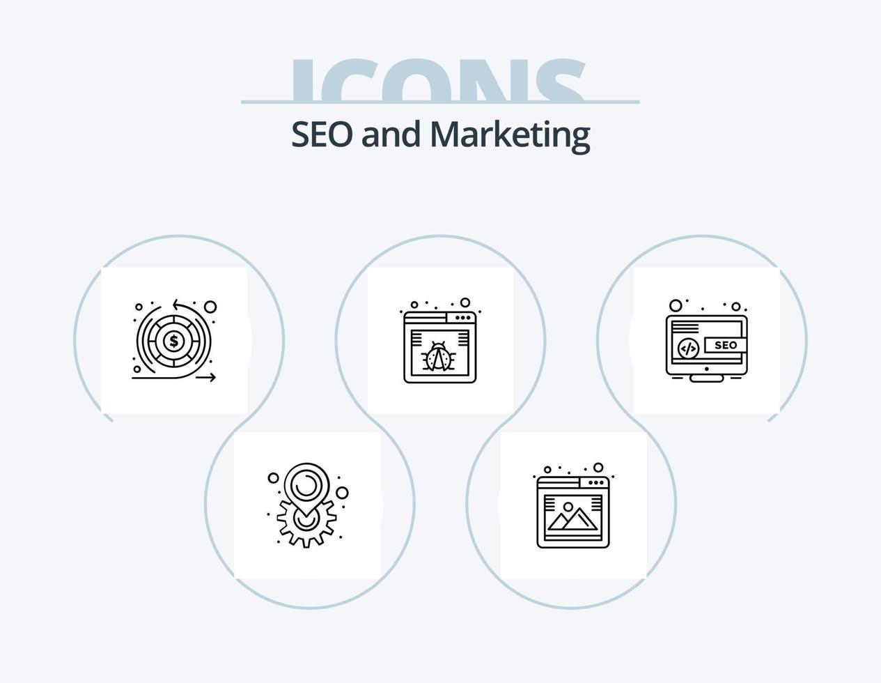 seo línea icono paquete 5 5 icono diseño. folleto. SEO bulbo. supervisión. Internet vector