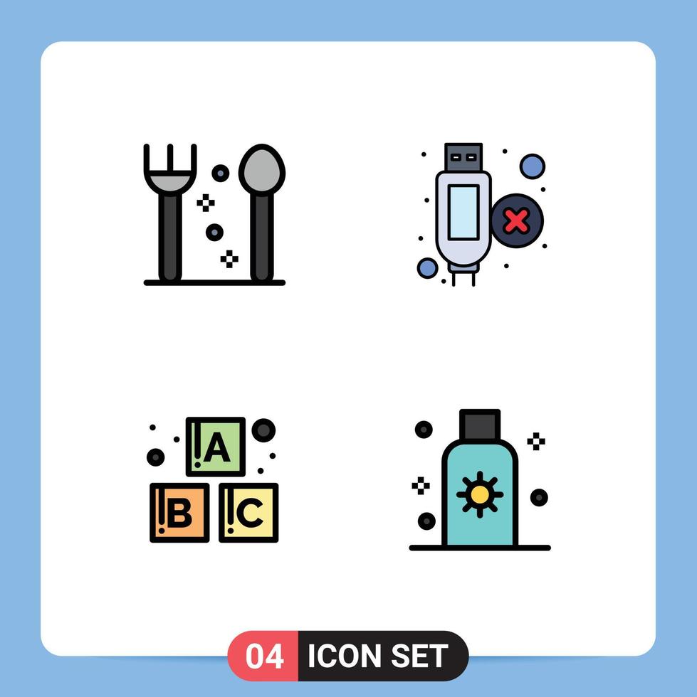 Group of 4 Modern Filledline Flat Colors Set for cutlery lotion cable alphabet summer Editable Vector Design Elements