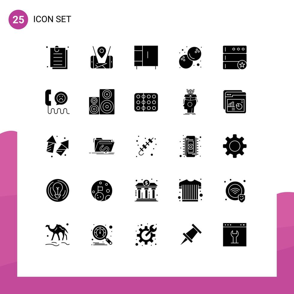Set of 25 Commercial Solid Glyphs pack for contact favorite home database food Editable Vector Design Elements