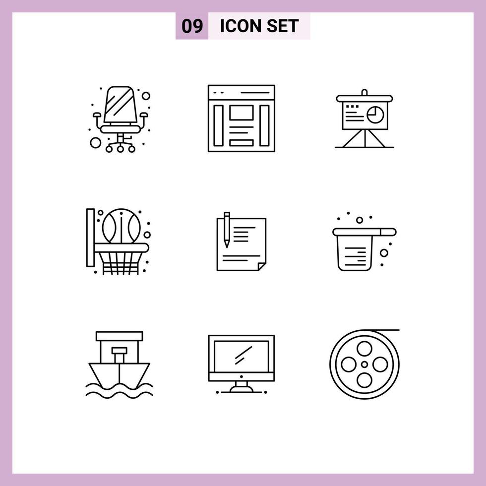 9 User Interface Outline Pack of modern Signs and Symbols of document sport sidebar net business Editable Vector Design Elements