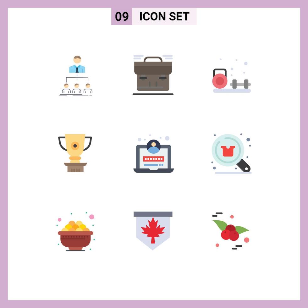 Mobile Interface Flat Color Set of 9 Pictograms of achievement award briefcase trophy fitness Editable Vector Design Elements