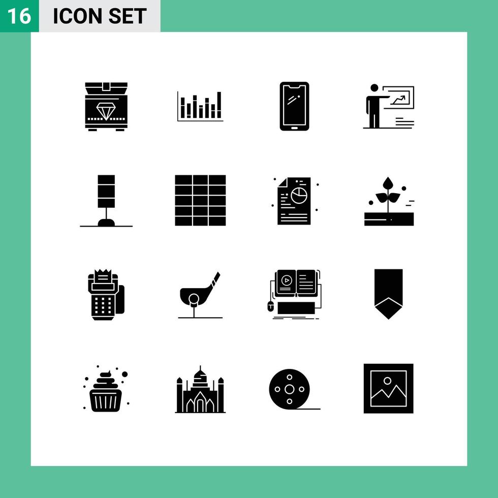 16 Universal Solid Glyphs Set for Web and Mobile Applications interior business smart phone strategy presentation Editable Vector Design Elements