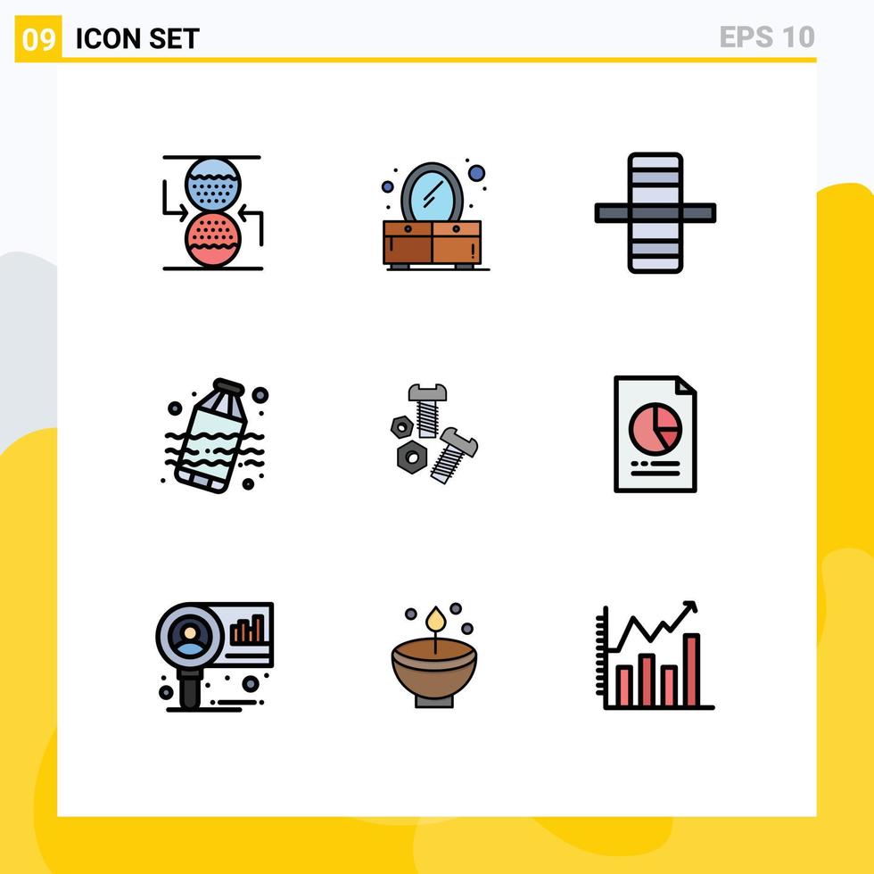 Universal Icon Symbols Group of 9 Modern Filledline Flat Colors of data screw gear nut water Editable Vector Design Elements