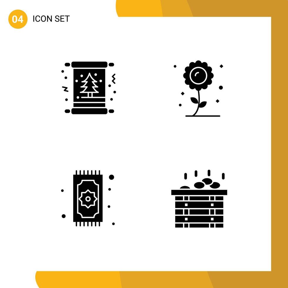 Group of 4 Modern Solid Glyphs Set for card rug tree flower namaz Editable Vector Design Elements