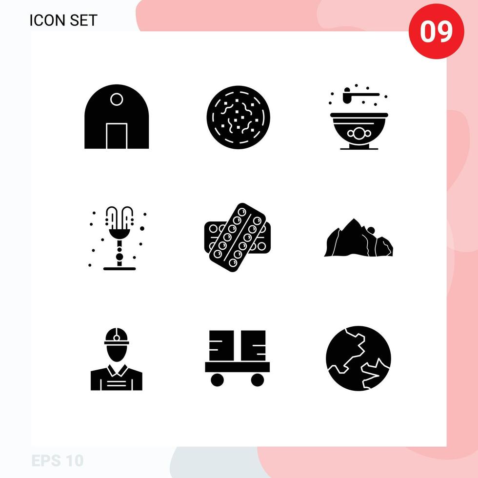 9 Universal Solid Glyph Signs Symbols of pill valentines day worm romance fountain Editable Vector Design Elements