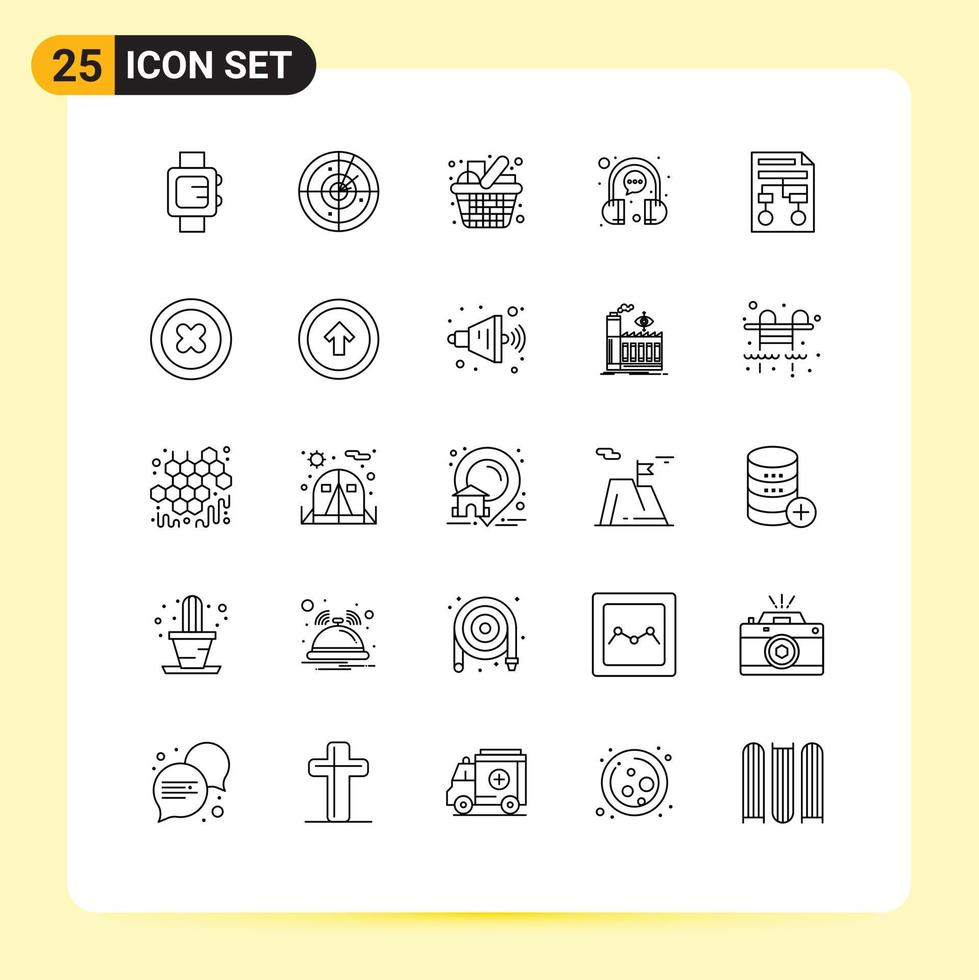 Set of 25 Commercial Lines pack for graph headphone grocery customer bubble Editable Vector Design Elements