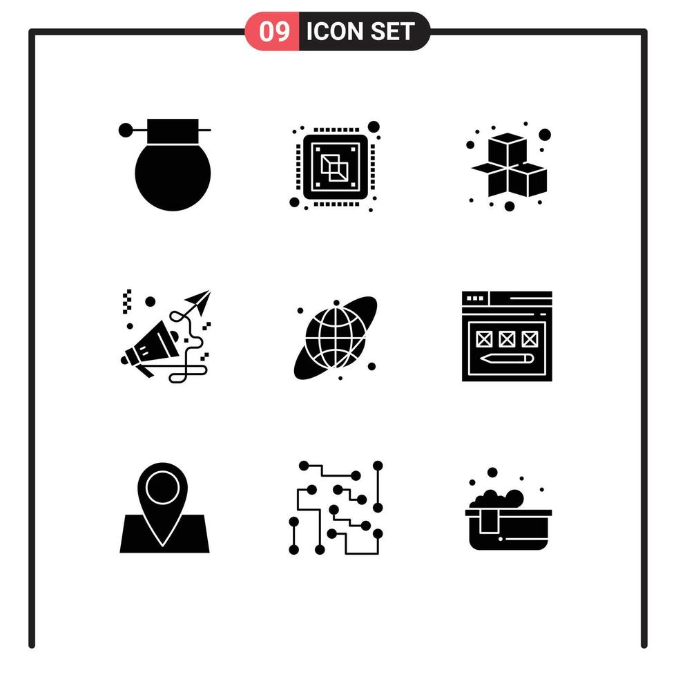 Set of 9 Commercial Solid Glyphs pack for speaker finance processing business game Editable Vector Design Elements