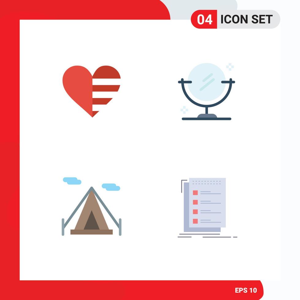 plano icono paquete de 4 4 universal símbolos de corazón cámping líneas limpieza cheque editable vector diseño elementos