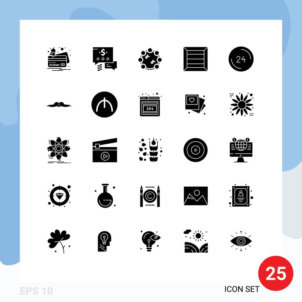 Modern Set of 25 Solid Glyphs Pictograph of contact us clock note call product Editable Vector Design Elements
