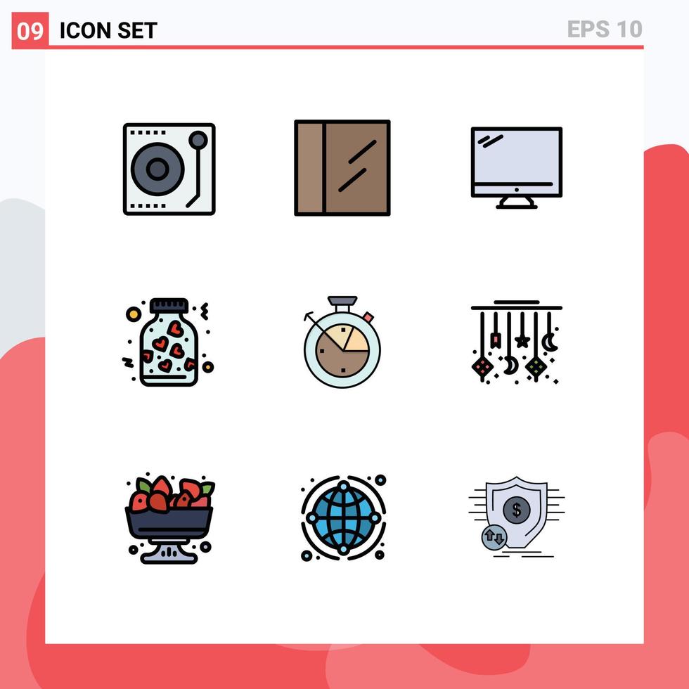 9 Thematic Vector Filledline Flat Colors and Editable Symbols of clock measure device romance jar Editable Vector Design Elements