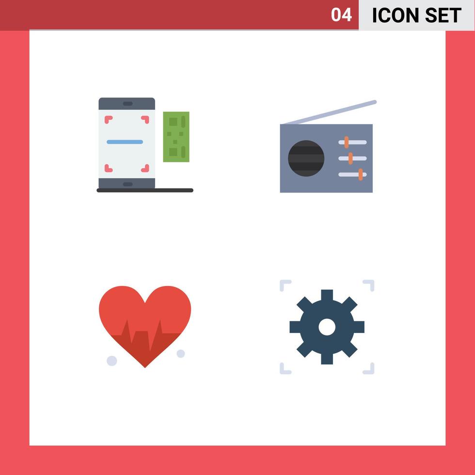 Editable Vector Line Pack of 4 Simple Flat Icons of code heart smartphone radio cinema Editable Vector Design Elements