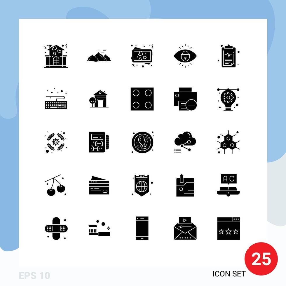 Pack of 25 creative Solid Glyphs of health lock birds security eye Editable Vector Design Elements