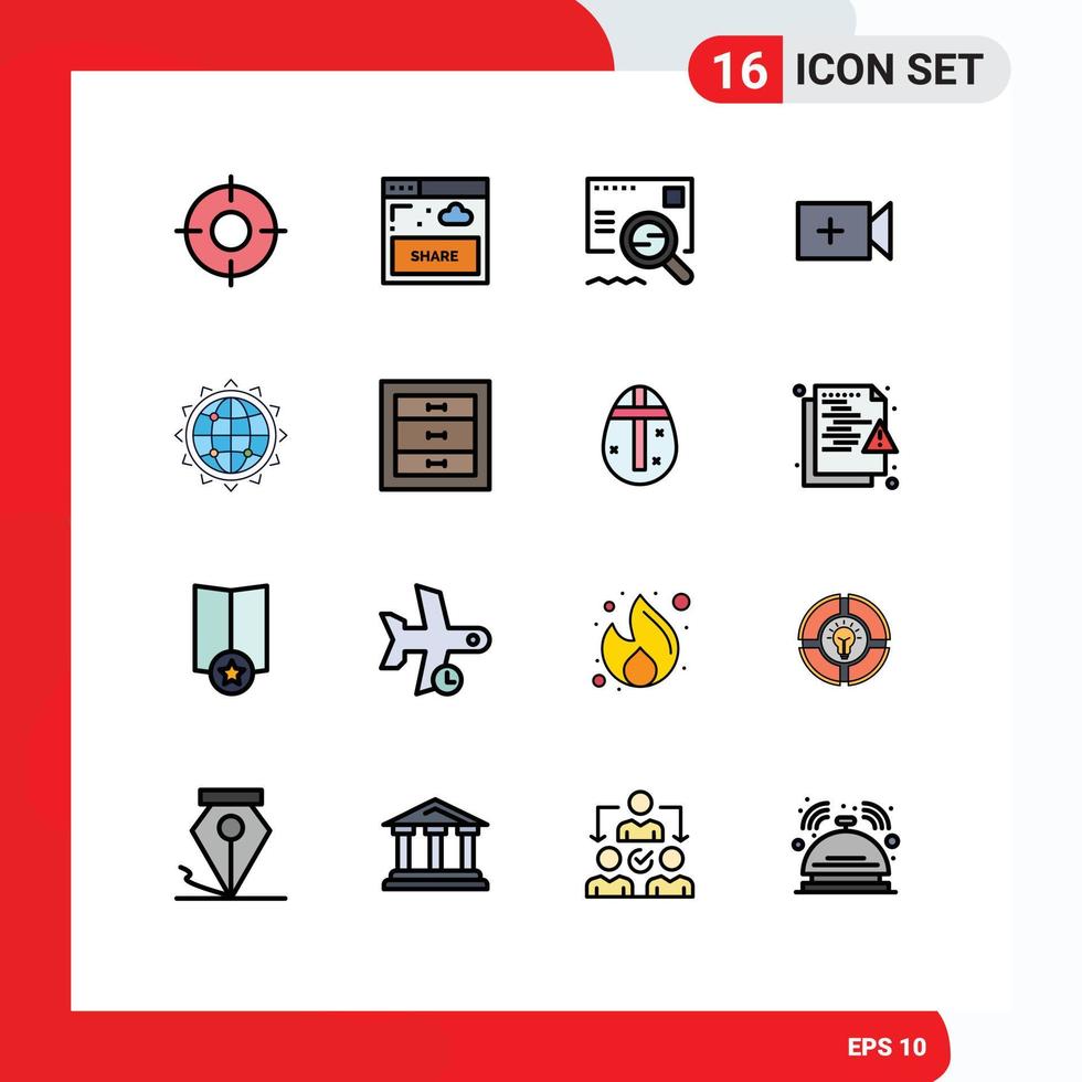 Pack of 16 creative Flat Color Filled Lines of globe ui website camera search Editable Creative Vector Design Elements