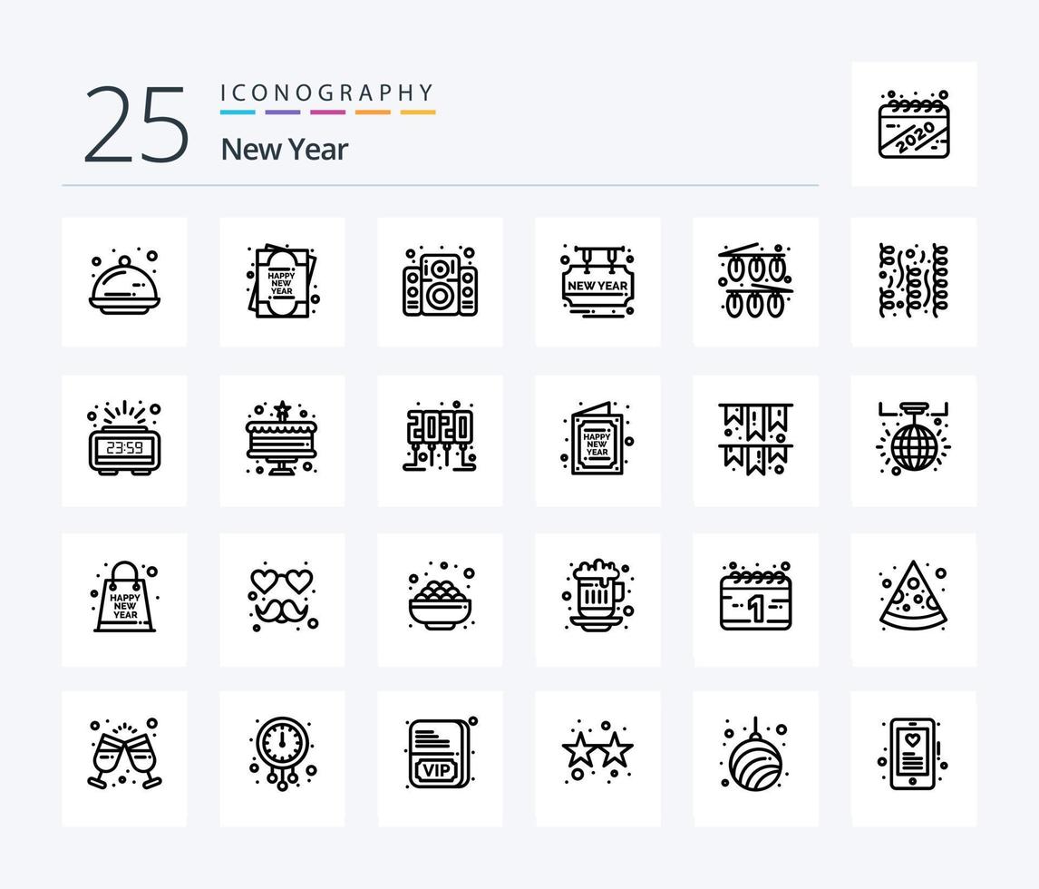 New Year 25 Line icon pack including christmas. party time. music. happy. card vector