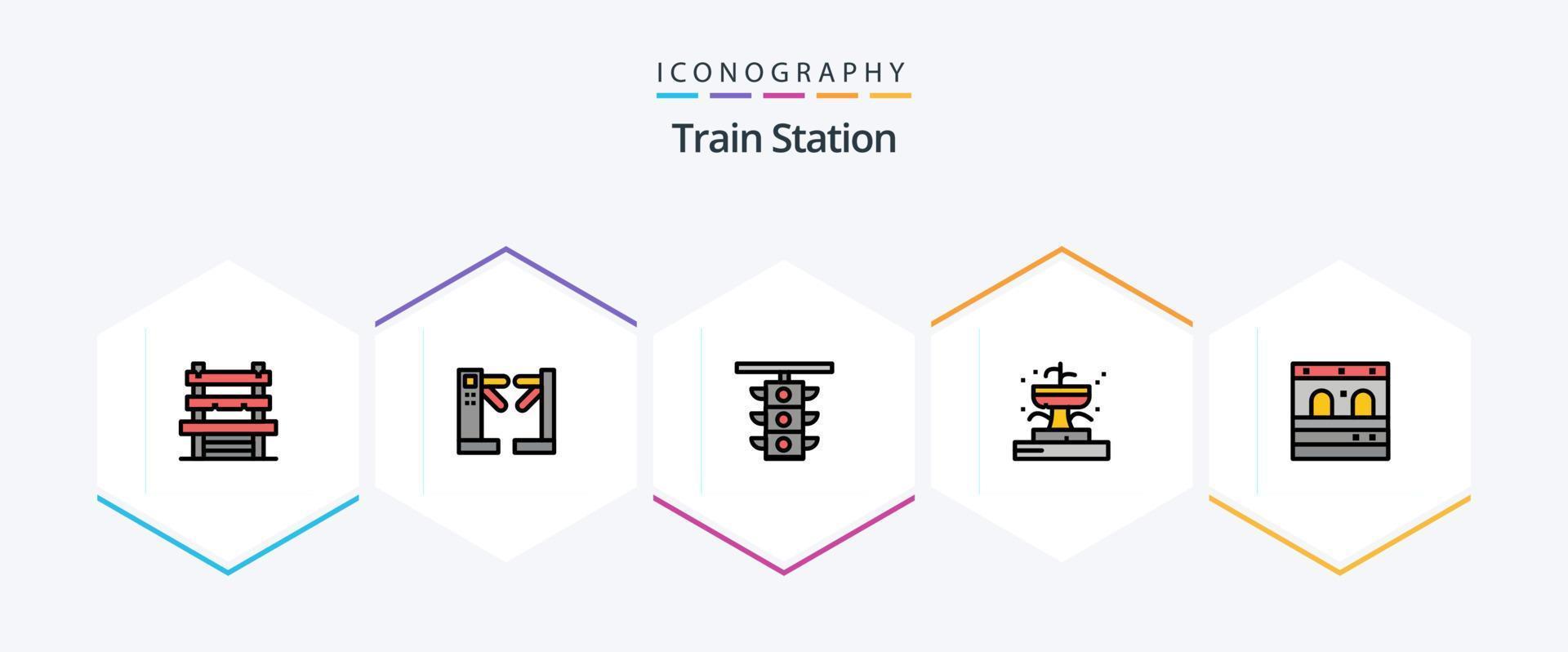 Train Station 25 FilledLine icon pack including door. garden. light. fountain. train vector