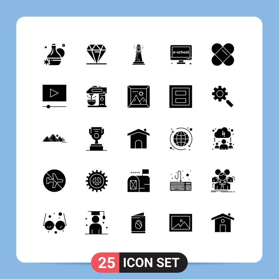 Editable Vector Line Pack of 25 Simple Solid Glyphs of patch learning house electronic e Editable Vector Design Elements
