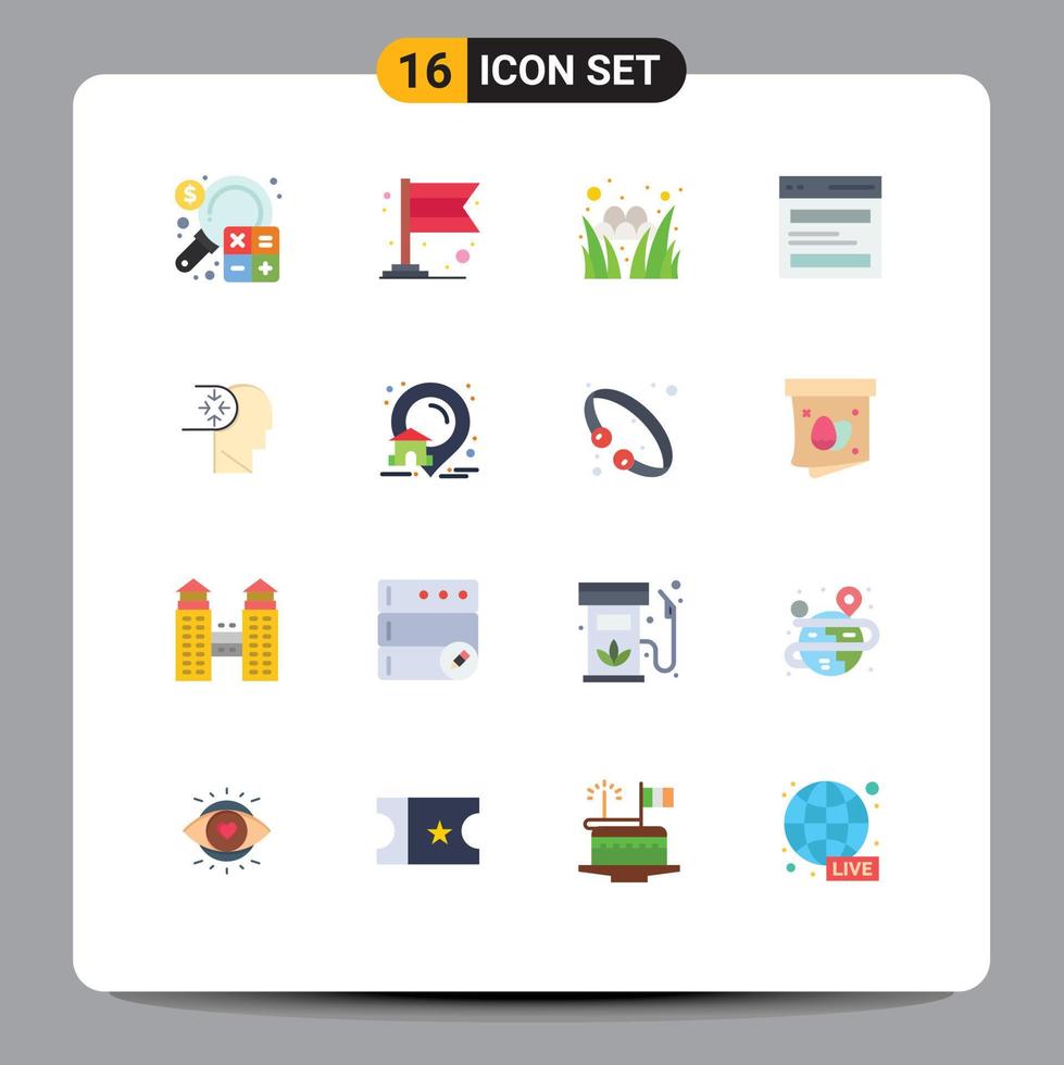 Pack of 16 Modern Flat Colors Signs and Symbols for Web Print Media such as mind interface egg hero communication Editable Pack of Creative Vector Design Elements