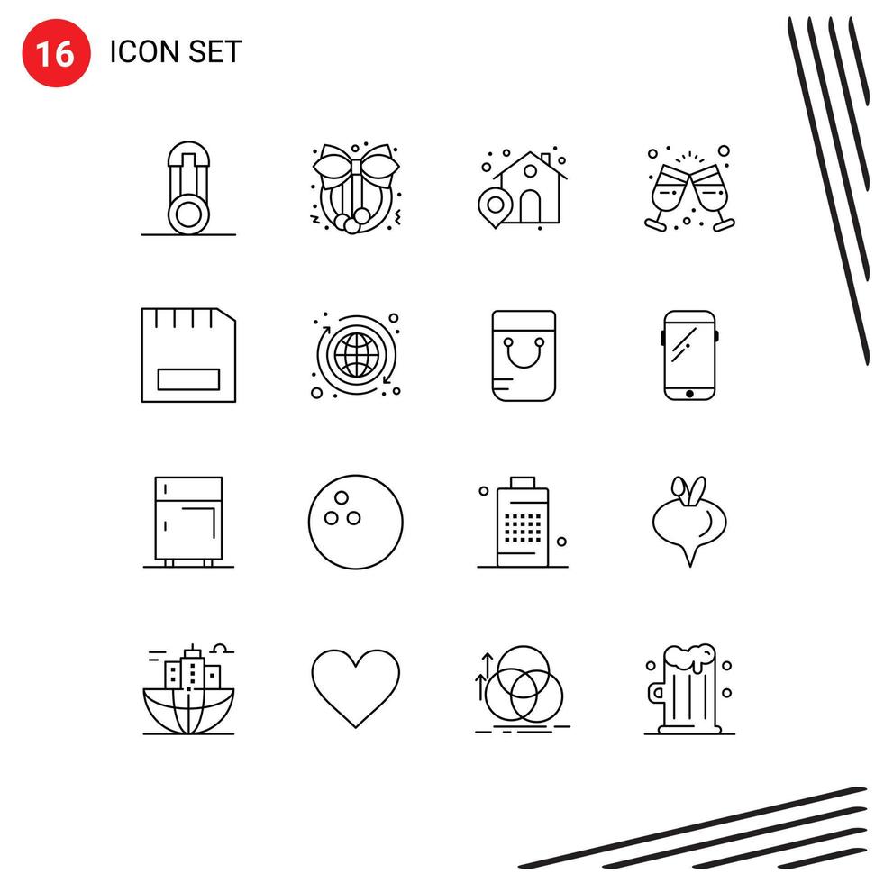 Pack of 16 Modern Outlines Signs and Symbols for Web Print Media such as gadget computers house card drink Editable Vector Design Elements