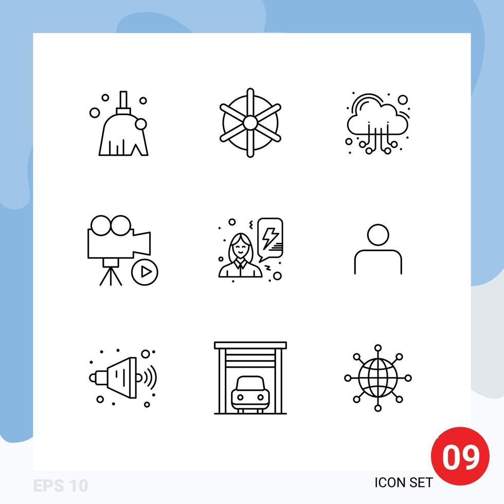 Pack of 9 creative Outlines of feminism movie cloud media camera Editable Vector Design Elements