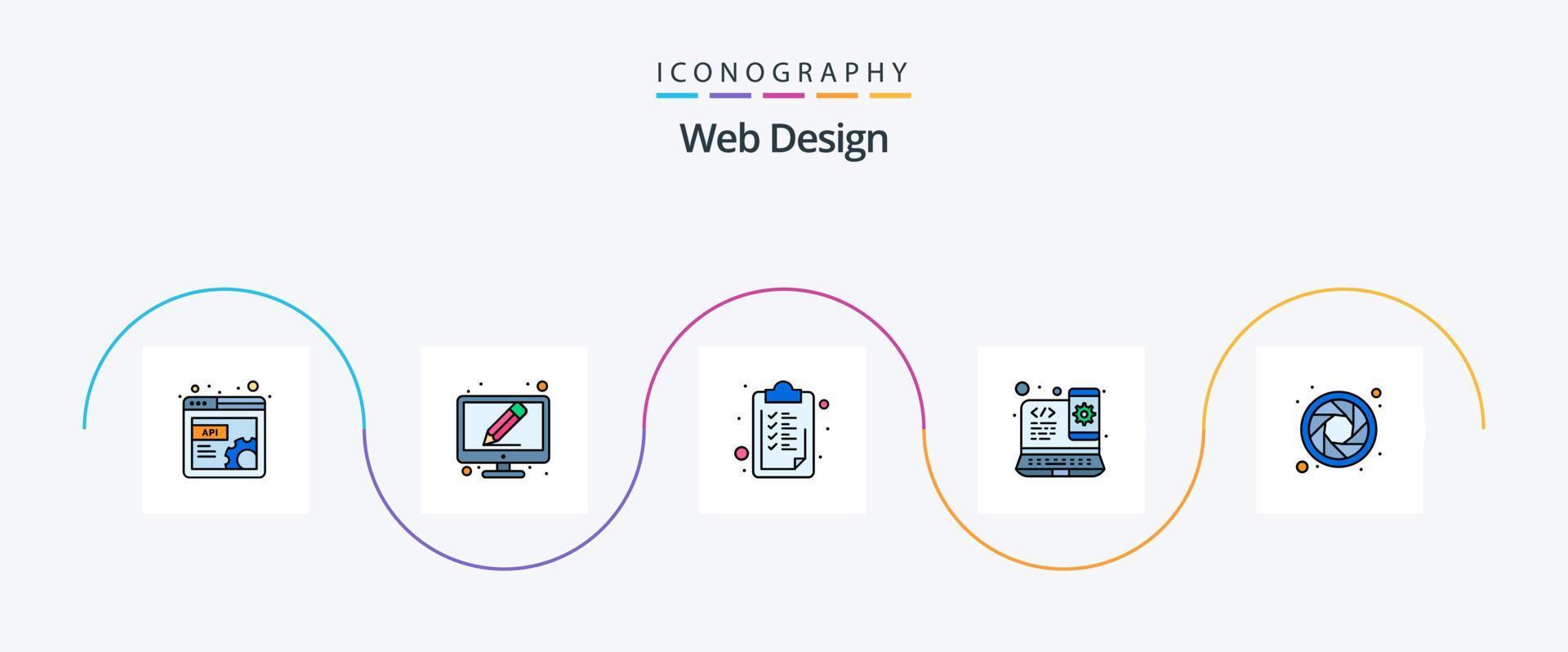 Web Design Line Filled Flat 5 Icon Pack Including wheel. color. checkmark. web design. responsive vector