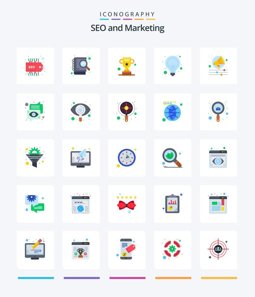 Creative Seo 25 Flat icon pack  Such As alert. seo. award. lamp. bulb vector