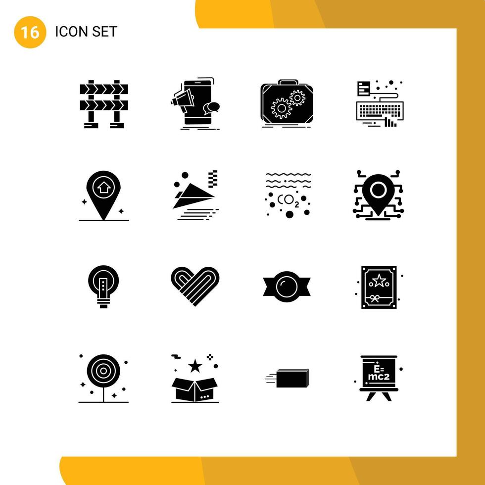 Solid Glyph Pack of 16 Universal Symbols of map type briefcase keyboard work Editable Vector Design Elements