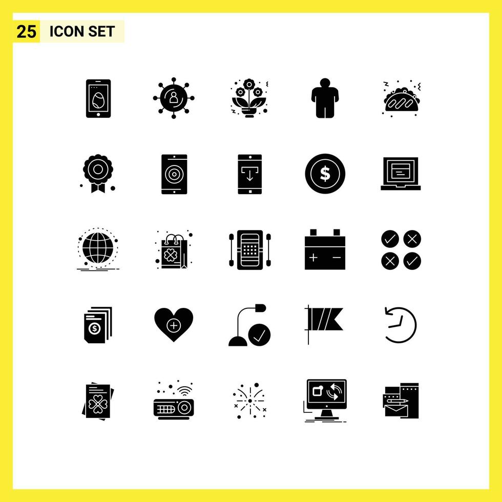 25 Universal Solid Glyphs Set for Web and Mobile Applications food taco seo user man Editable Vector Design Elements