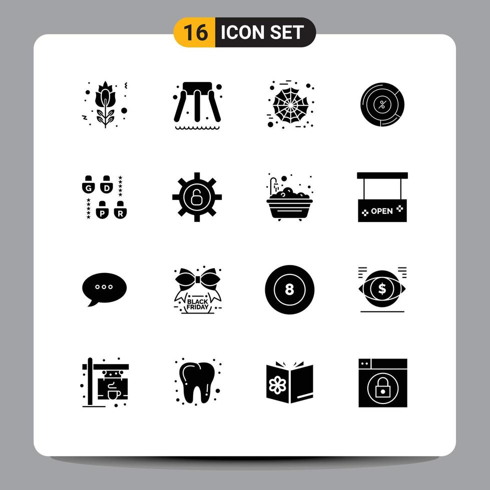 Universal Icon Symbols Group of 16 Modern Solid Glyphs of protection lock spider gdpr chart Editable Vector Design Elements
