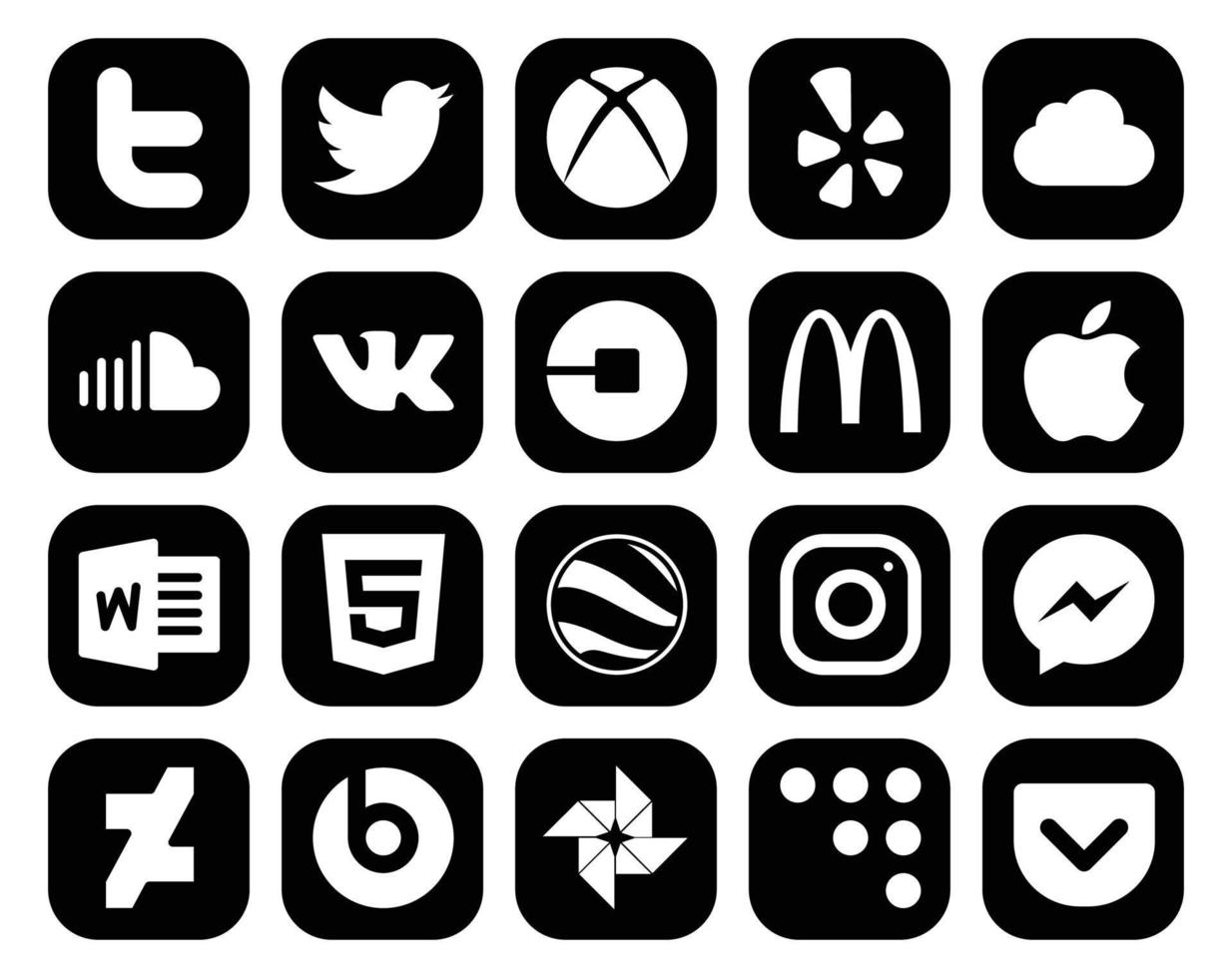 20 social medios de comunicación icono paquete incluso instagram html vk palabra McDonalds vector