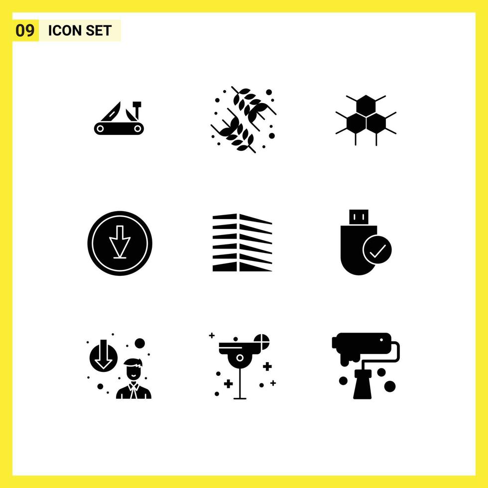 Editable Vector Line Pack of 9 Simple Solid Glyphs of pointer down rice direction health Editable Vector Design Elements