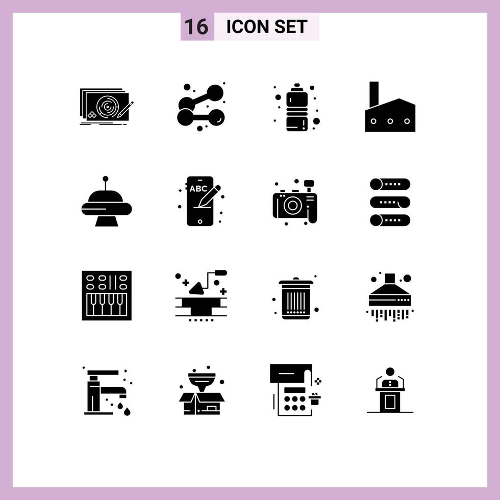 Group of 16 Modern Solid Glyphs Set for nuclear plant industrial plant weightlifting factory chimney water Editable Vector Design Elements