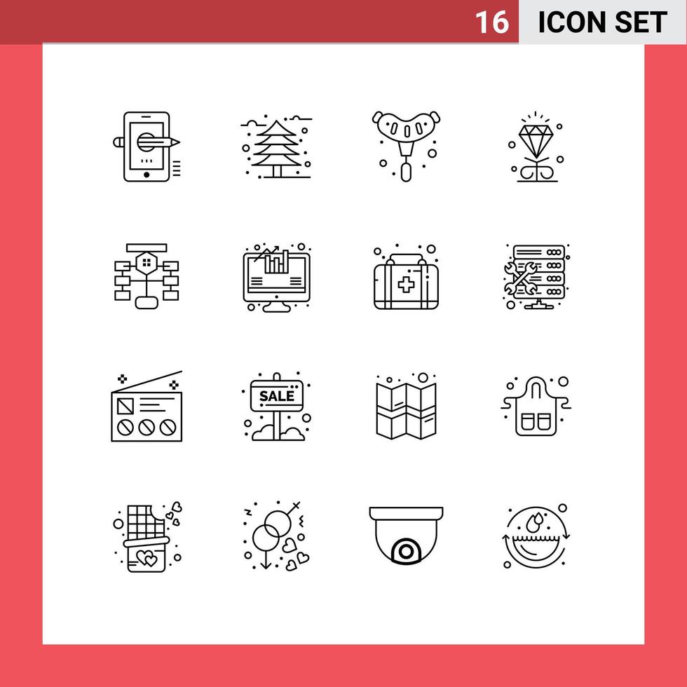 Group of 16 Outlines Signs and Symbols for flowchart heart cold love sausage Editable Vector Design Elements